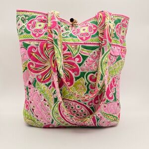 Vera Bradley Quilted Tote Bag Pink Green Paisley Cotton Shoulder Bag